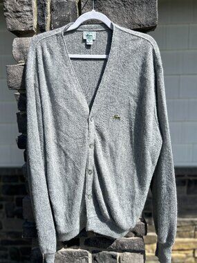 Vintage 80s Izod Lacoste Logo Knit Cardigan Sweater heather grey